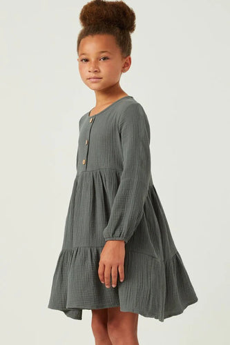 Hayden Girls Babydoll Henley Longsleeve Dress in Forest Green - FINAL SALE