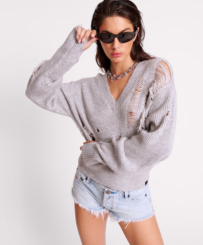 One Teaspoon Laddered V-Neck Distressed Sweater Gray Marle - FINAL SALE