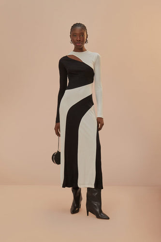 Farm Rio Black and White Cut-Out L/S Midi Dress