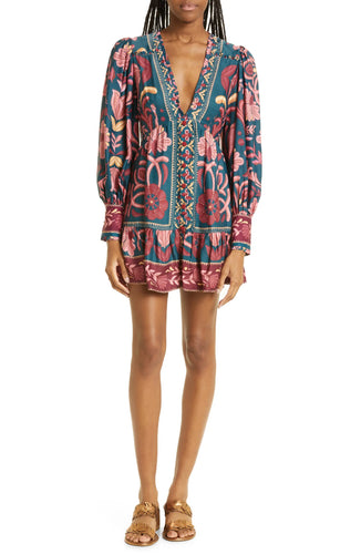 Farm Rio Seashell Tapestry Teal L/S Mini Dress - FINAL SALE