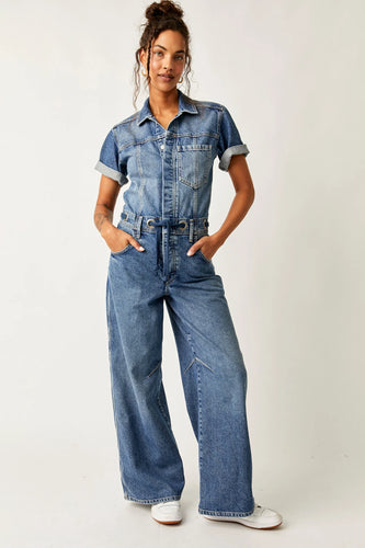 Free People Edison Wide Leg Denim Jumpsuit in Cerulean Skies