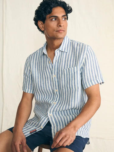 Faherty Mens SS Palma Linen Shirt in Horizon Ivory Stripe