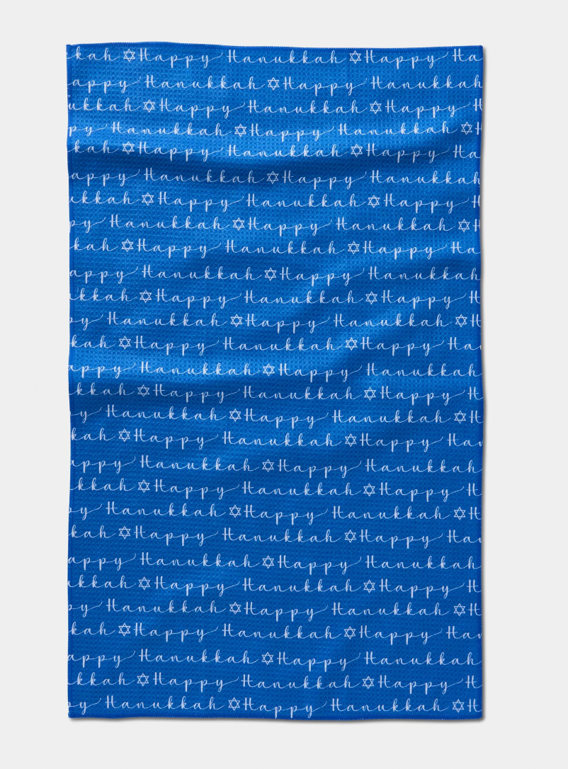 Geometry Happy Hanukkah Blue Tea Towel