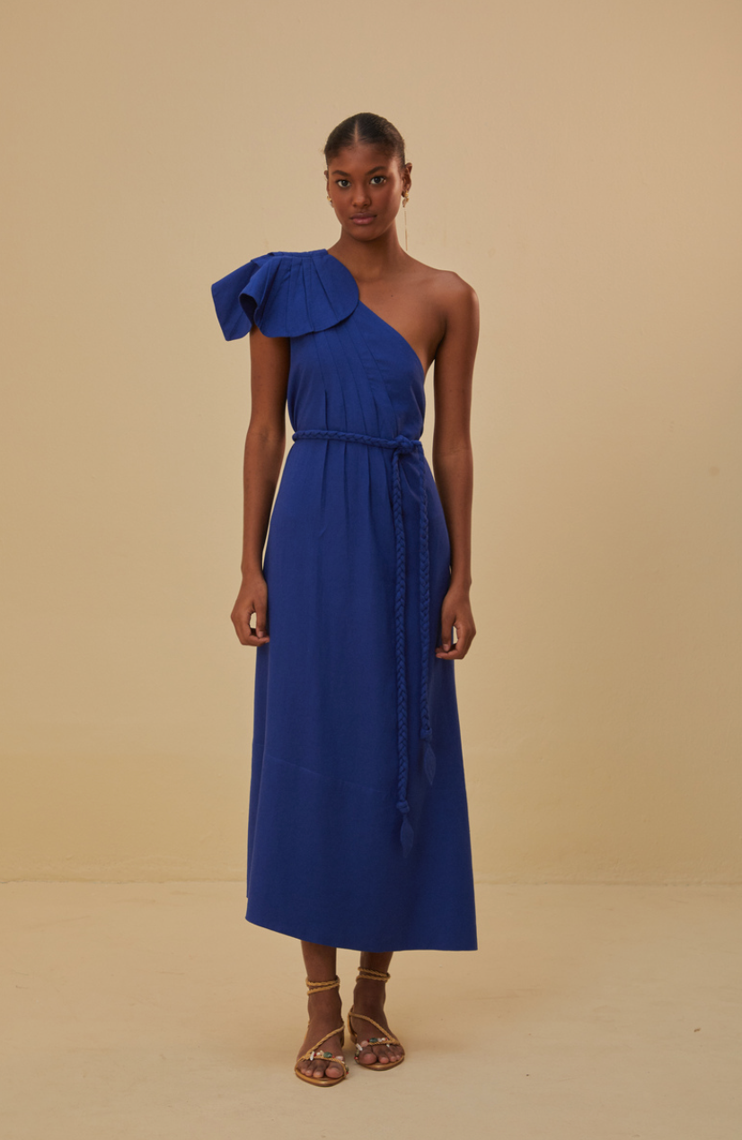 Farm Rio Navy Blue One Shoulder Leaf Maxi Dress - FINAL SALE