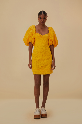 Farm Rio Monstera Eyelet Yellow S/S Mini Dress - FINAL SALE