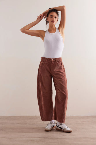 Free People Good Luck Mid-Rise Cord Barrel Jean in Emperador