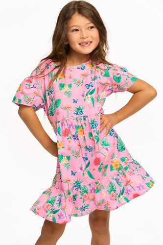 Chaser Kids Niki Tropical Floral Short Sleeve Dress - Pink Lemonade - FINAL SALE