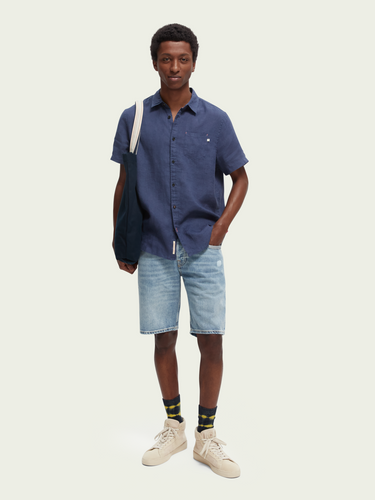 Scotch and Soda Mens Regular-Fit Linen S/S Shirt in Navy - FINAL SALE