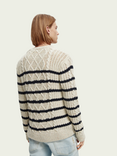 Load image into Gallery viewer, Scotch and Soda Mens Speckled Cable Crewneck Pullover In Cream/Navy Stripe -  FINAL SALE