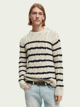 Load image into Gallery viewer, Scotch and Soda Mens Speckled Cable Crewneck Pullover In Cream/Navy Stripe -  FINAL SALE