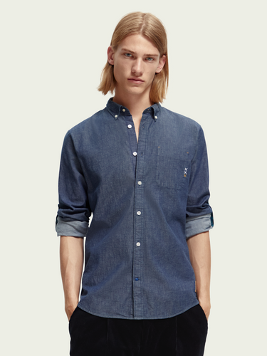 Scotch and Soda Mens Indigo Stretch Chambray Shirt w/Sleeve Adjusters