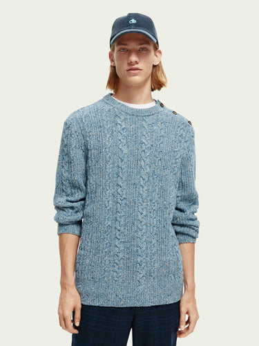 Scotch and Soda Mens Speckled Cable Knit Pullover in Winter Sky Melange - FINAL SALE