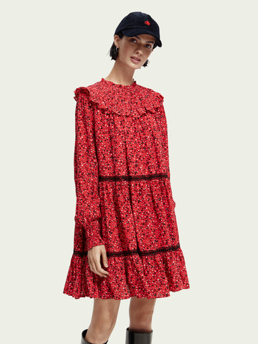 Scotch and Soda Frilled Long Sleeve Dress W/ Smocked Collar in Space Floral Electric Red - FINAL SALE